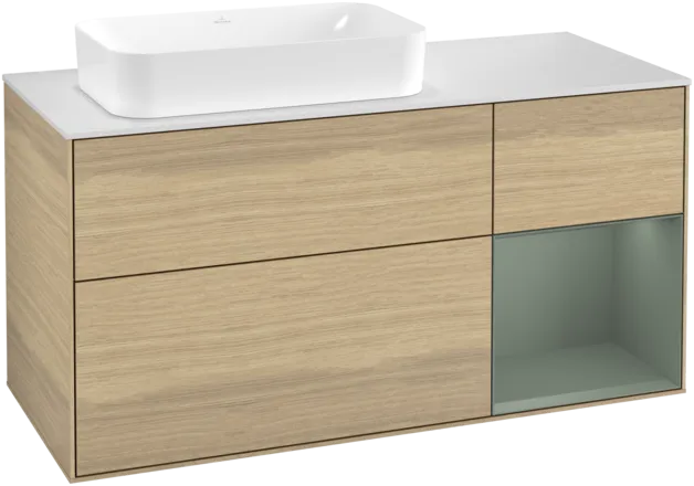 VILLEROY BOCH Toaletní skříňka Finion, s osvětlením, 3 výsuvy, 1200 x 603 x 501 mm, dubová dýha / olivový matný lak / sklo bílé matné #F281GMPC