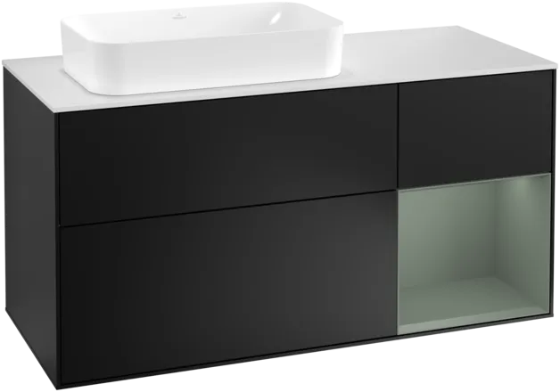 VILLEROY BOCH Toaletní skříňka Finion, s osvětlením, 3 výsuvy, 1200 x 603 x 501 mm, černý matný lak / olivový matný lak / bílé matné sklo #F281GMPD