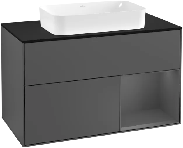 VILLEROY BOCH Toaletní skříňka Finion, s osvětlením, 2 výsuvy, 1000 x 603 x 501 mm, antracit matný lak / antracit matný lak / sklo černé matné #F252GKGK