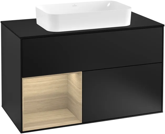 VILLEROY BOCH Toaletní skříňka Finion, s osvětlením, 2 výsuvy, 1000 x 603 x 501 mm, černý matný lak / dubová dýha / černé matné sklo #F242PCPD