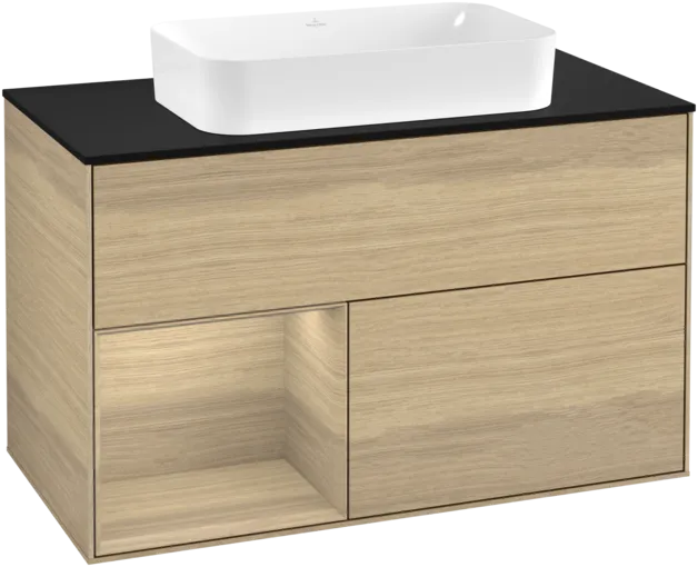 VILLEROY BOCH Toaletní stolek Finion, s osvětlením, 2 výsuvy, 1000 x 603 x 501 mm, dubová dýha / dubová dýha / sklo černé matné #F242PCPC