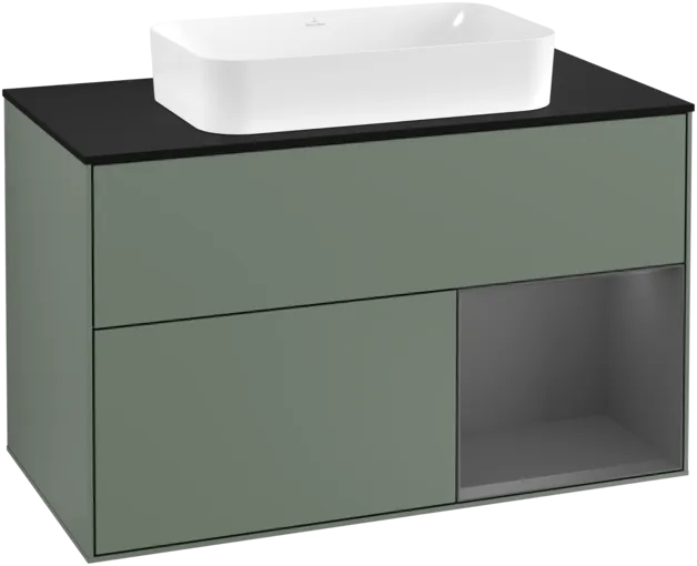VILLEROY BOCH Toaletní skříňka Finion, s osvětlením, 2 výsuvy, 1000 x 603 x 501 mm, olivový matný lak / antracitový matný lak / černé matné sklo #F252GKGM