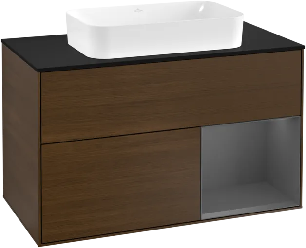 VILLEROY BOCH Toaletní stolek Finion, s osvětlením, 2 výsuvy, 1000 x 603 x 501 mm, ořechová dýha / antracitový matný lak / černé matné sklo #F252GKGN