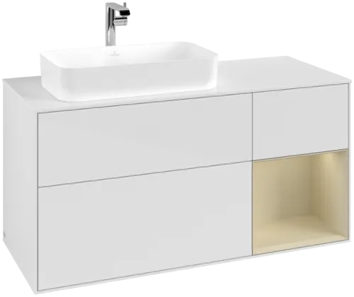 VILLEROY BOCH Toaletní skříňka Finion, s osvětlením, 3 výsuvy, 1200 x 603 x 501 mm, lesklý bílý lak / hedvábně šedý matný lak / bílé matné sklo #F281HJGF