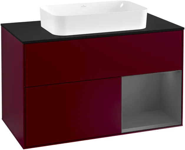 VILLEROY BOCH Toaletní skříňka Finion, s osvětlením, 2 výsuvy, 1000 x 603 x 501 mm, Pivoňka matný lak / Antracit matný lak / Sklo černé matné #F252GKHB