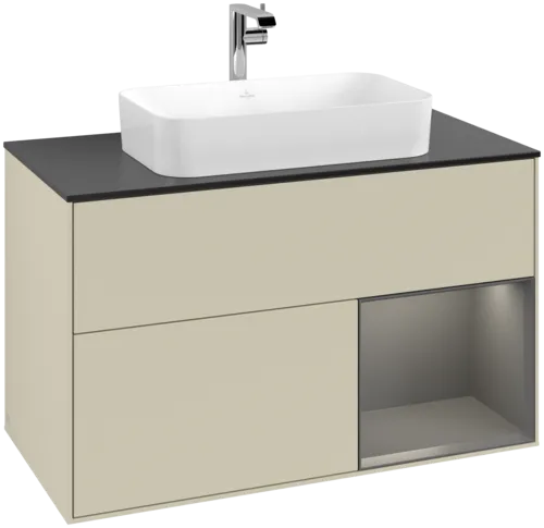 VILLEROY BOCH Toaletní skříňka Finion, s osvětlením, 2 výsuvy, 1000 x 603 x 501 mm, hedvábně šedý matný lak / antracitový matný lak / černé matné sklo #F252GKHJ