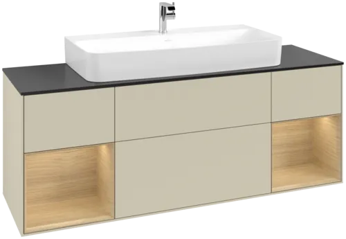 VILLEROY BOCH Toaletní skříňka Finion, s osvětlením, 4 výsuvy, 1600 x 603 x 501 mm, hedvábně šedý matný lak / dubová dýha / černé matné sklo #F212PCHJ