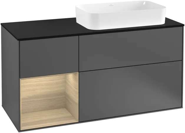 VILLEROY BOCH Toaletní skříňka Finion, s osvětlením, 3 výsuvy, 1200 x 603 x 501 mm, antracitový matný lak / dubová dýha / černé matné sklo #F272PCGK