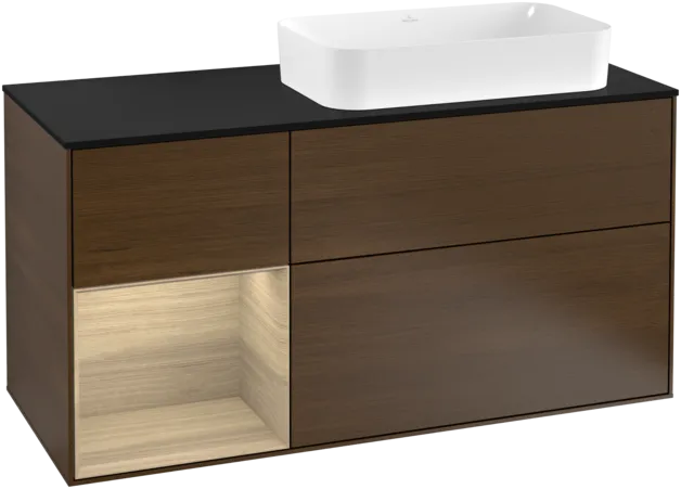 VILLEROY BOCH Toaletní skříňka Finion, s osvětlením, 3 výsuvy, 1200 x 603 x 501 mm, ořechová dýha / dubová dýha / sklo černé matné #F272PCGN