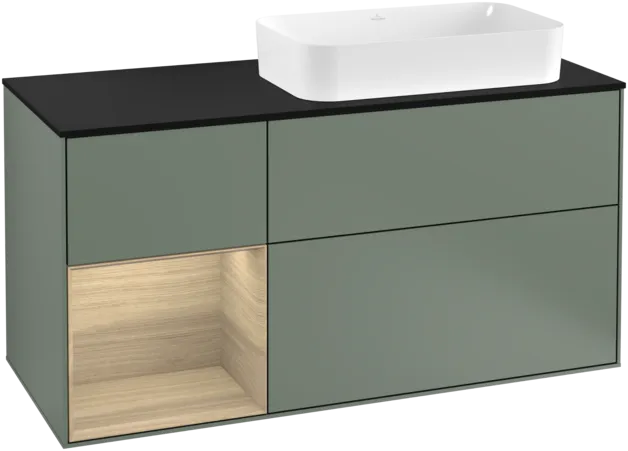 VILLEROY BOCH Toaletní skříňka Finion, s osvětlením, 3 výsuvy, 1200 x 603 x 501 mm, olivový matný lak / dubová dýha / sklo černé matné #F272PCGM