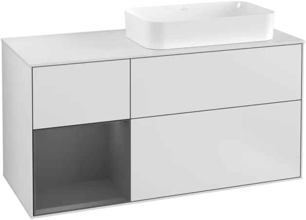 VILLEROY BOCH Toaletní skříňka Finion, s osvětlením, 3 výsuvy, 1200 x 603 x 501 mm, bílý matný lak / antracitový matný lak / bílé matné sklo #F271GKMT