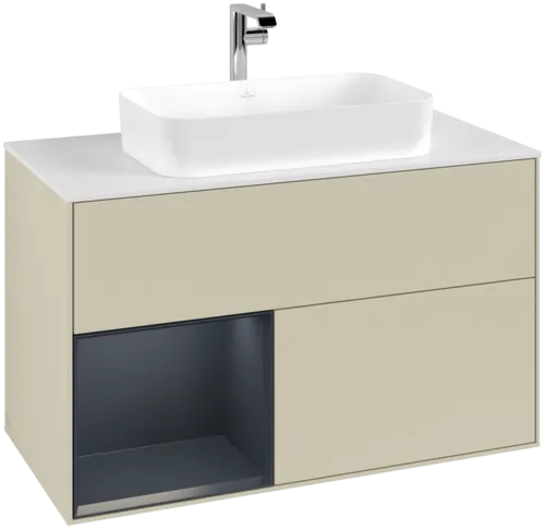 VILLEROY BOCH Toaletní skříňka Finion, s osvětlením, 2 výsuvy, 1000 x 603 x 501 mm, hedvábně šedý matný lak / půlnočně modrý matný lak / bílé matné sklo #F241HGHJ