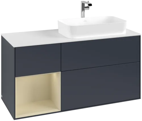 VILLEROY BOCH Toaletní skříňka Finion, s osvětlením, 3 výsuvy, 1200 x 603 x 501 mm, Midnight Blue Matt Lacquer / Silk Grey Matt Lacquer / Glass White Matt #F271HJHG