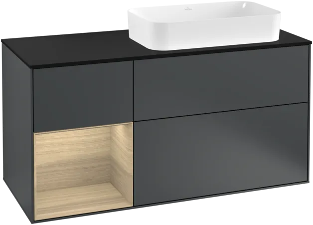 VILLEROY BOCH Toaletní skříňka Finion, s osvětlením, 3 výsuvy, 1200 x 603 x 501 mm, Midnight Blue Matt Lacquer / Oak Veneer / Glass Black Matt #F272PCHG