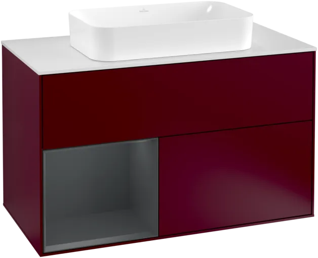 VILLEROY BOCH Toaletní skříňka Finion, s osvětlením, 2 výsuvy, 1000 x 603 x 501 mm, Pivoňka matný lak / Půlnoční modrá matný lak / Sklo bílé matné #F241HGHB