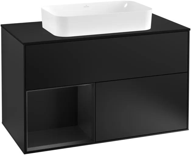 VILLEROY BOCH Umyvadlová skříňka Finion, s osvětlením, 2 výsuvy, 1000 x 603 x 501 mm, černý matný lak / černý matný lak / černé matné sklo #F242PDPD