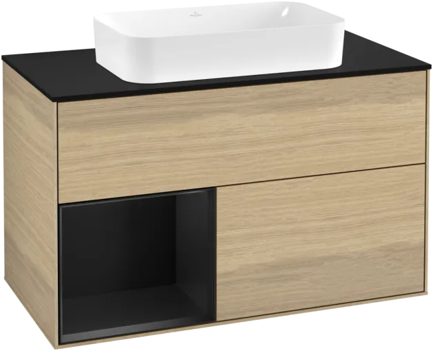 VILLEROY BOCH Toaletní skříňka Finion, s osvětlením, 2 výsuvy, 1000 x 603 x 501 mm, dubová dýha / černý matný lak / černé matné sklo #F242PDPC