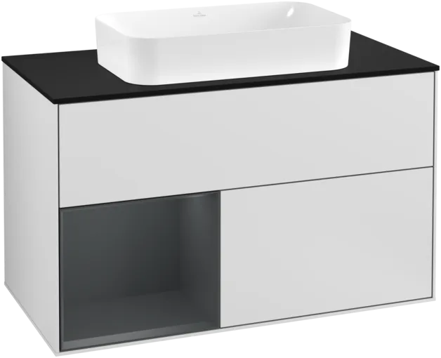 VILLEROY BOCH Toaletní skříňka Finion, s osvětlením, 2 výsuvy, 1000 x 603 x 501 mm, bílý matný lak / půlnoční modrý matný lak / černé matné sklo #F242HGMT