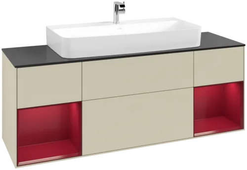 VILLEROY BOCH Toaletní skříňka Finion, s osvětlením, 4 výsuvy, 1600 x 603 x 501 mm, Silk Grey Matt Lacquer / Peony Matt Lacquer / Glass Black Matt #F212HBHJ