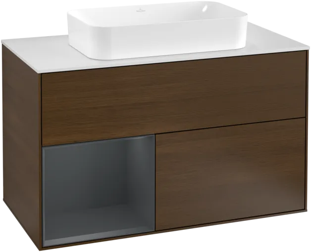 VILLEROY BOCH Toaletní skříňka Finion, s osvětlením, 2 výsuvy, 1000 x 603 x 501 mm, ořechová dýha / půlnočně modrý matný lak / sklo bílé matné #F241HGGN