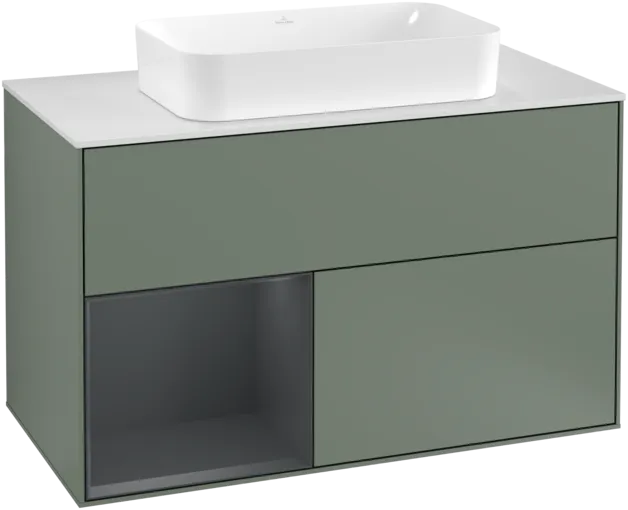 VILLEROY BOCH Toaletní skříňka Finion, s osvětlením, 2 výsuvy, 1000 x 603 x 501 mm, olivový matný lak / půlnoční modrý matný lak / bílé matné sklo #F241HGGM