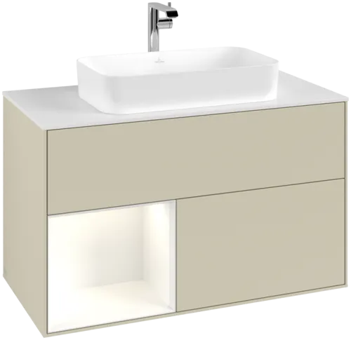 VILLEROY BOCH Toaletní skříňka Finion, s osvětlením, 2 výsuvy, 1000 x 603 x 501 mm, hedvábně šedý matný lak / lesklý bílý lak / sklo bílé matné #F241GFHJ