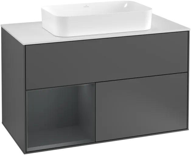 VILLEROY BOCH Toaletní skříňka Finion, s osvětlením, 2 výsuvy, 1000 x 603 x 501 mm, antracitový matný lak / půlnoční modrý matný lak / bílé matné sklo #F241HGGK