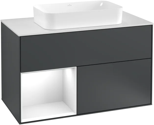 VILLEROY BOCH Toaletní skříňka Finion, s osvětlením, 2 výsuvy, 1000 x 603 x 501 mm, Midnight Blue Matt Lacquer / Glossy White Lacquer / Glass White Matt #F241GFHG