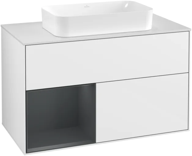 VILLEROY BOCH Toaletní skříňka Finion, s osvětlením, 2 výsuvy, 1000 x 603 x 501 mm, lesklý bílý lak / půlnoční modrý matný lak / bílé matné sklo #F241HGGF