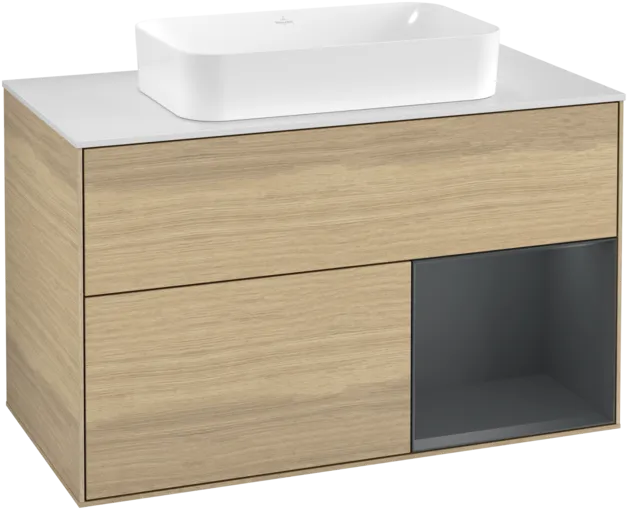 VILLEROY BOCH Toaletní skříňka Finion, s osvětlením, 2 výsuvy, 1000 x 603 x 501 mm, dubová dýha / půlnočně modrý matný lak / bílé matné sklo #F251HGPC