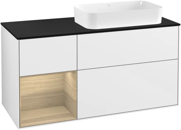 VILLEROY BOCH Toaletní skříňka Finion, s osvětlením, 3 výsuvy, 1200 x 603 x 501 mm, lesklý bílý lak / dubová dýha / černé matné sklo #F272PCGF