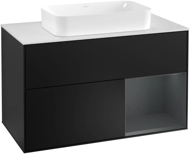 VILLEROY BOCH Toaletní skříňka Finion, s osvětlením, 2 výsuvy, 1000 x 603 x 501 mm, černý matný lak / půlnoční modrý matný lak / bílé matné sklo #F251HGPD