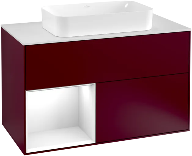 VILLEROY BOCH Toaletní skříňka Finion, s osvětlením, 2 výsuvy, 1000 x 603 x 501 mm, Pivoňka matný lak / lesklý bílý lak / sklo bílé matné #F241GFHB