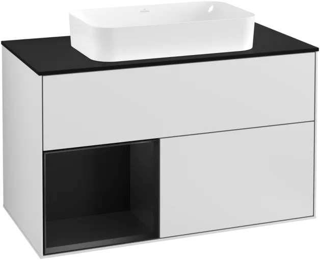 VILLEROY BOCH Toaletní skříňka Finion, s osvětlením, 2 výsuvy, 1000 x 603 x 501 mm, bílý matný lak / černý matný lak / černé matné sklo #F242PDMT