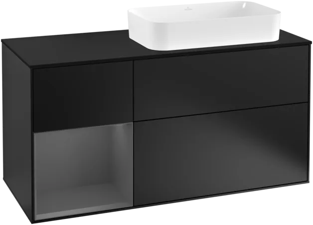 VILLEROY BOCH Toaletní skříňka Finion, s osvětlením, 3 výsuvy, 1200 x 603 x 501 mm, černý matný lak / antracitový matný lak / černé matné sklo #F272GKPD