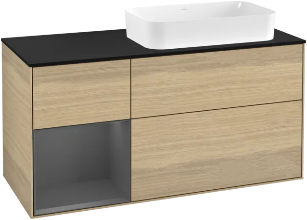 VILLEROY BOCH Toaletní skříňka Finion, s osvětlením, 3 výsuvy, 1200 x 603 x 501 mm, dubová dýha / antracitový matný lak / černé matné sklo #F272GKPC