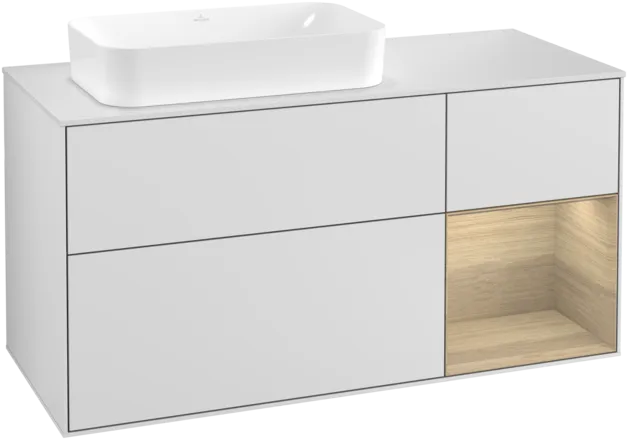 VILLEROY BOCH Toaletní skříňka Finion, s osvětlením, 3 výsuvy, 1200 x 603 x 501 mm, bílý matný lak / dubová dýha / sklo bílé matné #F281PCMT