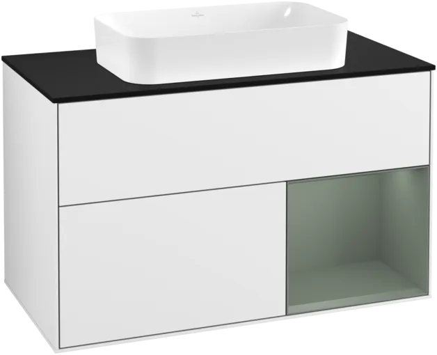 VILLEROY BOCH Toaletní skříňka Finion, s osvětlením, 2 výsuvy, 1000 x 603 x 501 mm, lesklý bílý lak / olivově matný lak / černé matné sklo #F252GMGF