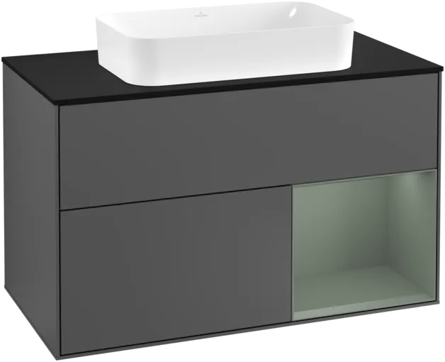 VILLEROY BOCH Toaletní skříňka Finion, s osvětlením, 2 výsuvy, 1000 x 603 x 501 mm, antracitový matný lak / olivový matný lak / černé matné sklo #F252GMGK