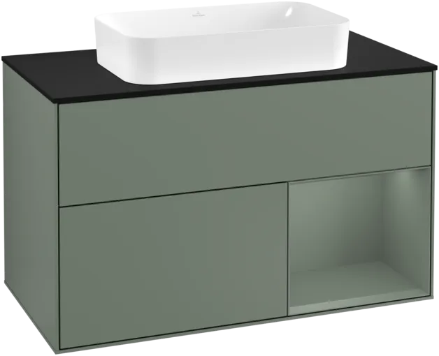 VILLEROY BOCH Toaletní skříňka Finion, s osvětlením, 2 výsuvy, 1000 x 603 x 501 mm, olivově matný lak / olivově matný lak / sklo černé matné #F252GMGM
