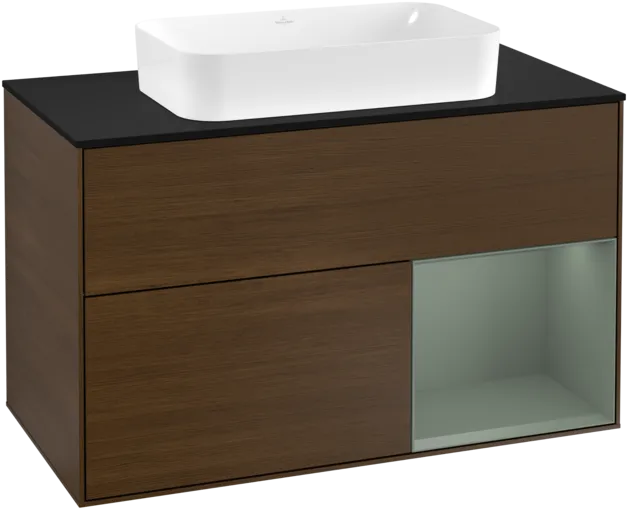 VILLEROY BOCH Toaletní skříňka Finion, s osvětlením, 2 výsuvy, 1000 x 603 x 501 mm, ořechová dýha / olivový matný lak / sklo černé matné #F252GMGN