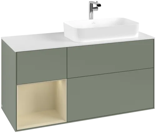 VILLEROY BOCH Toaletní skříňka Finion, s osvětlením, 3 výsuvy, 1200 x 603 x 501 mm, olivový matný lak / hedvábně šedý matný lak / bílé matné sklo #F271HJGM