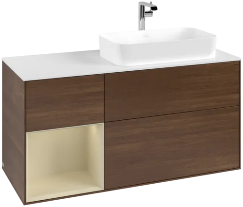 VILLEROY BOCH Toaletní skříňka Finion, s osvětlením, 3 výsuvy, 1200 x 603 x 501 mm, ořechová dýha / hedvábně šedý matný lak / sklo bílé matné #F271HJGN