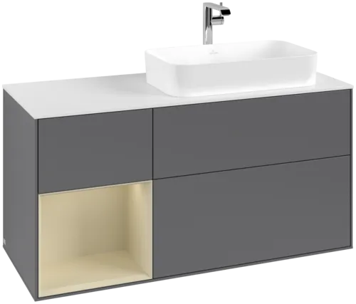 VILLEROY BOCH Toaletní skříňka Finion, s osvětlením, 3 výsuvy, 1200 x 603 x 501 mm, antracitový matný lak / hedvábně šedý matný lak / bílé matné sklo #F271HJGK