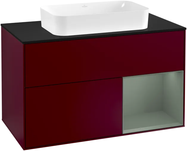 VILLEROY BOCH Toaletní skříňka Finion, s osvětlením, 2 výsuvy, 1000 x 603 x 501 mm, Pivoňka matný lak / Olivový matný lak / Sklo černé matné #F252GMHB