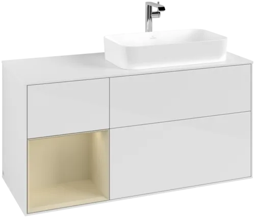 VILLEROY BOCH Toaletní skříňka Finion, s osvětlením, 3 výsuvy, 1200 x 603 x 501 mm, lesklý bílý lak / hedvábně šedý matný lak / bílé matné sklo #F271HJGF