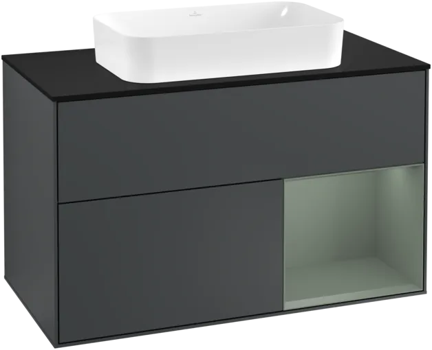 VILLEROY BOCH Toaletní skříňka Finion, s osvětlením, 2 výsuvy, 1000 x 603 x 501 mm, Midnight Blue Matt Lacquer / Olive Matt Lacquer / Glass Black Matt #F252GMHG