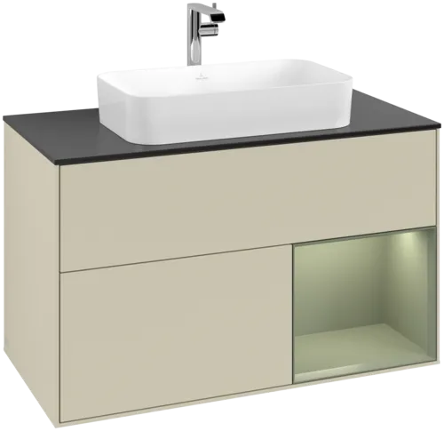 VILLEROY BOCH Toaletní skříňka Finion, s osvětlením, 2 výsuvy, 1000 x 603 x 501 mm, hedvábně šedý matný lak / olivový matný lak / černé matné sklo #F252GMHJ