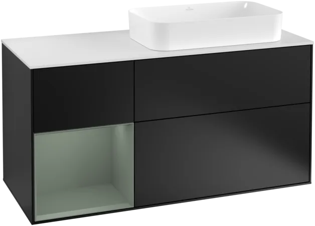 VILLEROY BOCH Toaletní skříňka Finion, s osvětlením, 3 výsuvy, 1200 x 603 x 501 mm, černý matný lak / olivový matný lak / bílé matné sklo #F271GMPD