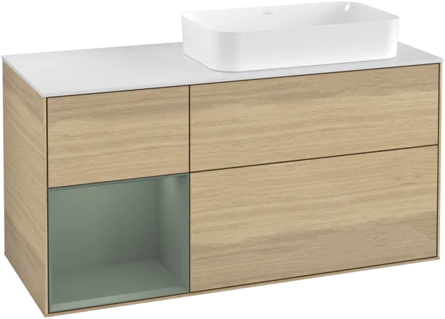 VILLEROY BOCH Toaletní skříňka Finion, s osvětlením, 3 výsuvy, 1200 x 603 x 501 mm, dubová dýha / olivový matný lak / sklo bílé matné #F271GMPC